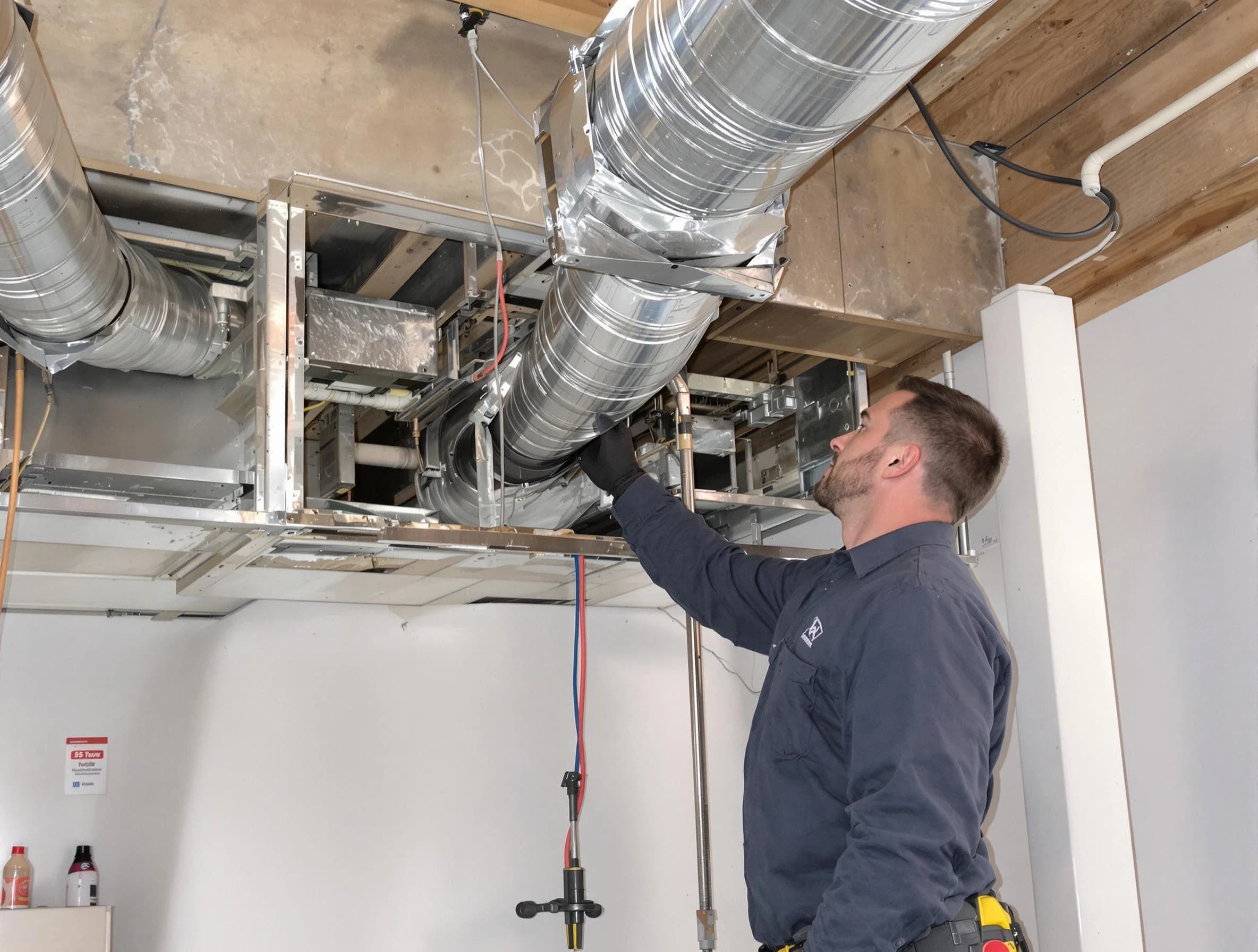 Roswell Air Duct Cleaning technician performing professional air duct repair using specialized tools in Roswell