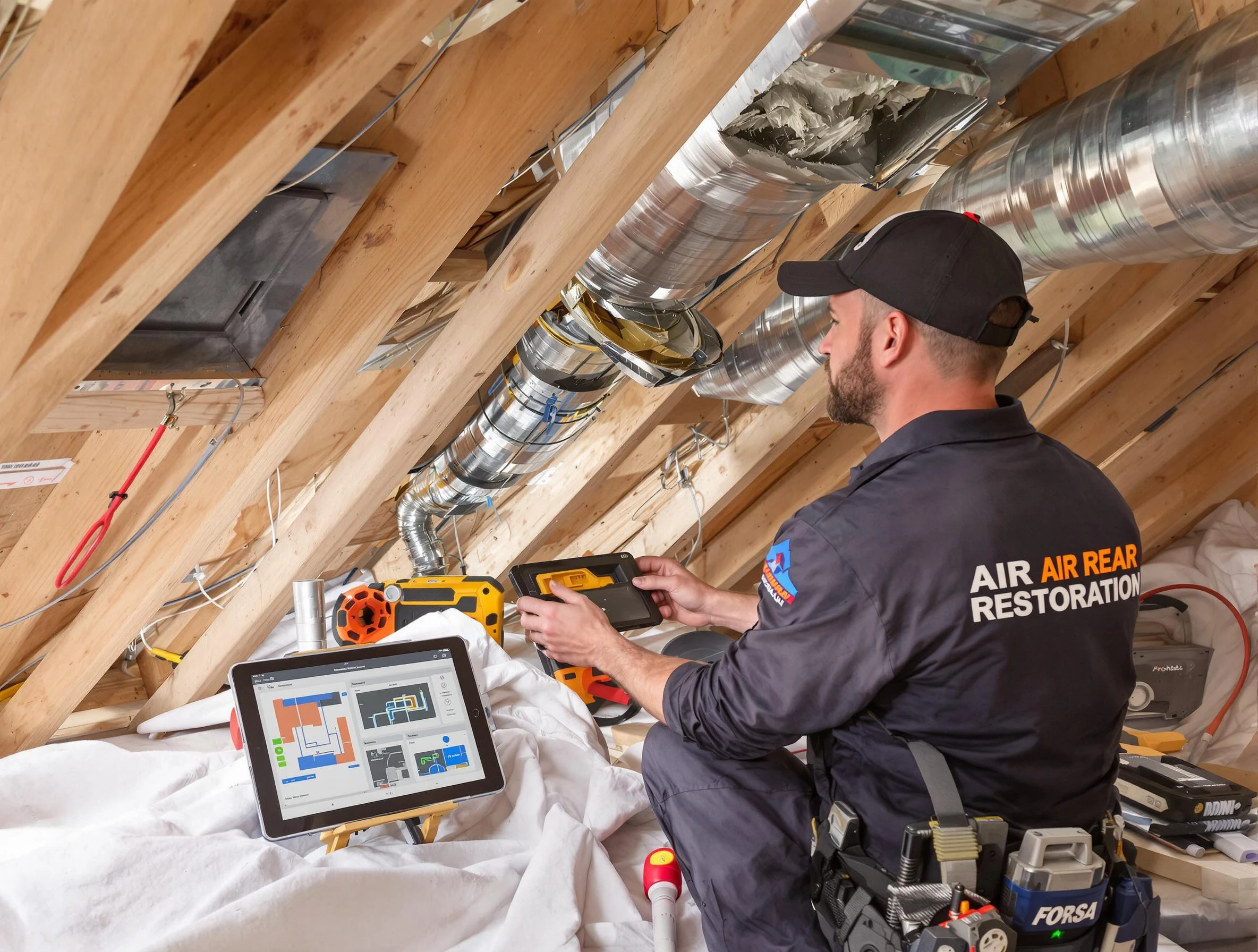 Roswell Air Duct Cleaning technician performing precise duct repair work in Roswell
